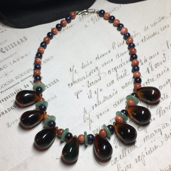 Unique Artisan Jade & Glass Sterling Necklace